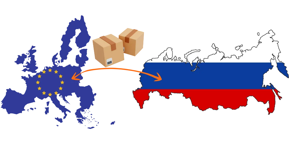 Карты Европы и России с флагами, посылками и стрелками доставки в обе стороны